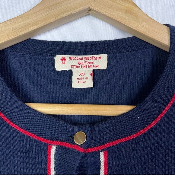 Brooks Brothers Navy Blue Red Trim Merino Wool Preppy Cardigan Sweater XS - Picture 4 of 5